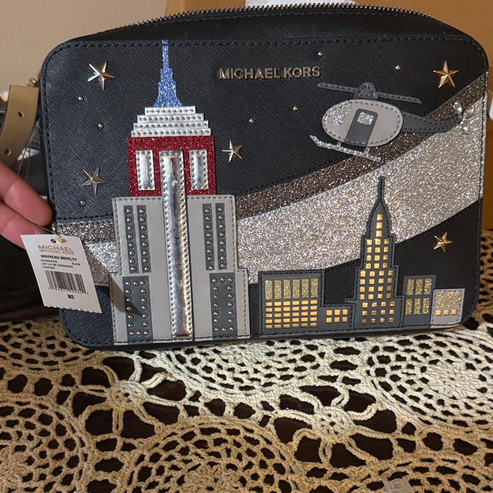 Michael Kors Black and Silver Cityscape Clutch